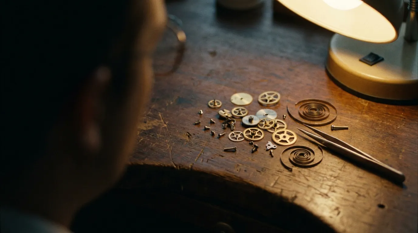 Macro close-up of precision brass gears on a watchmaker's workbench under a warm desk lamp
