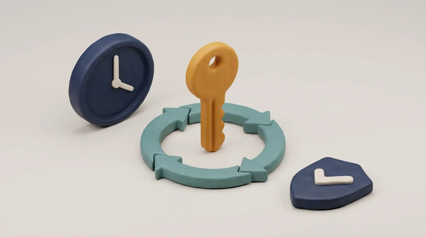3D clay illustration of a key standing inside a ring of circular arrows, with a clock and a shield bearing a check mark