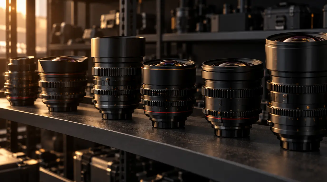 A row of cinema lenses of different models lined up on a camera rental shelf, warm side light glinting off the glass