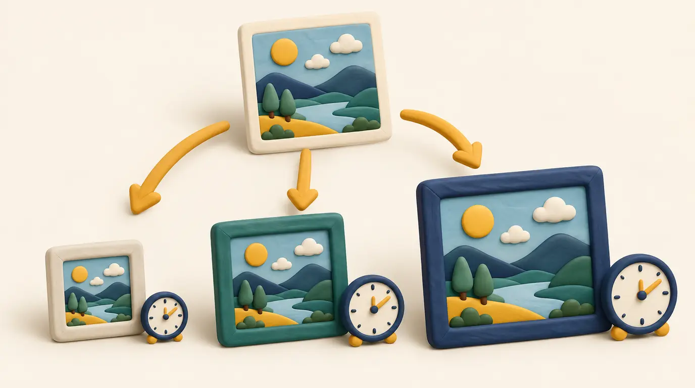3D clay illustration of one reference photo in the middle with three arrows pointing to three picture frames of different sizes, each with a small clock beside it