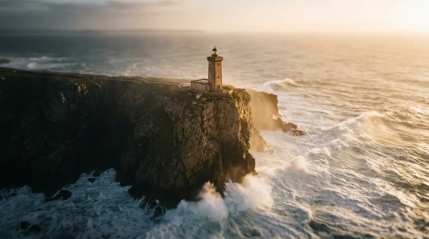 A lighthouse on a cliff at sunrise, waves rolling in toward the rocks below
