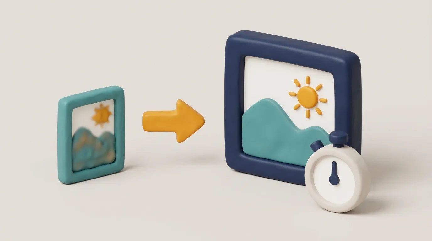 3D clay illustration of a small blurry picture frame, an arrow and a large sharp frame, with a stopwatch in front