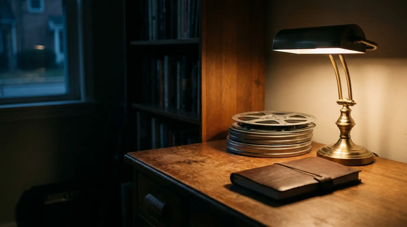 Film reels stacked neatly on a wooden desk next to an open notebook and a lit desk lamp