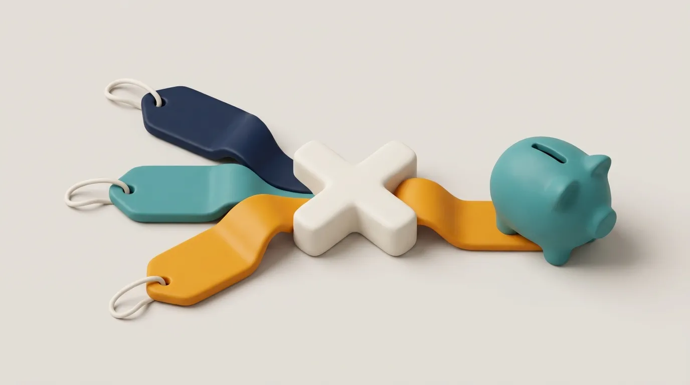3D clay illustration of three price tags merging into a multiplication sign that flows into a piggy bank
