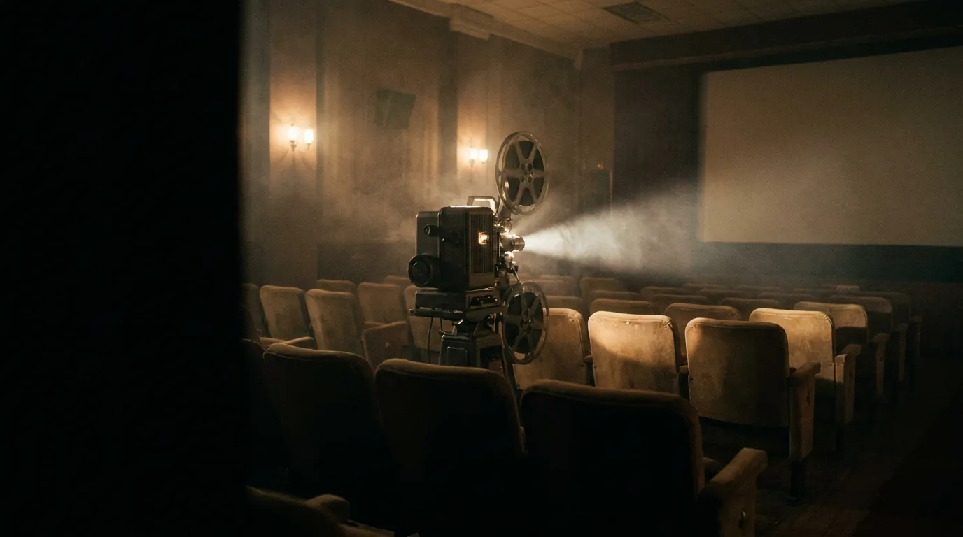 The beam of an old film projector cutting through a dark screening room, dust floating in the light