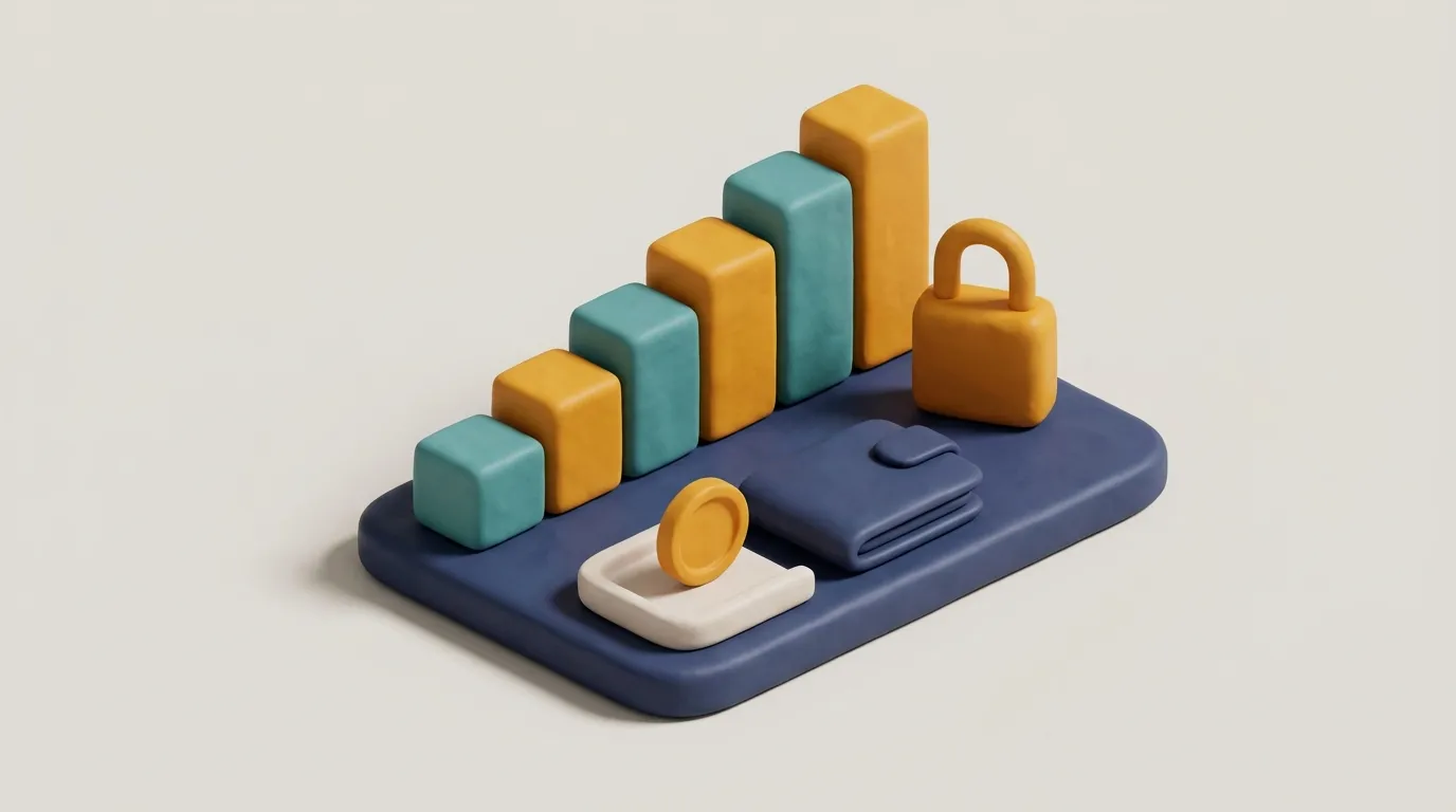 3D clay illustration of equal-width blocks rising step by step on a base, with a padlock, a wallet and a coin in a tray