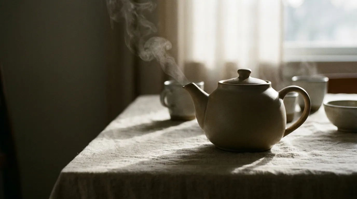 A ceramic teapot on a linen tablecloth in soft morning light, with a shallow depth of field