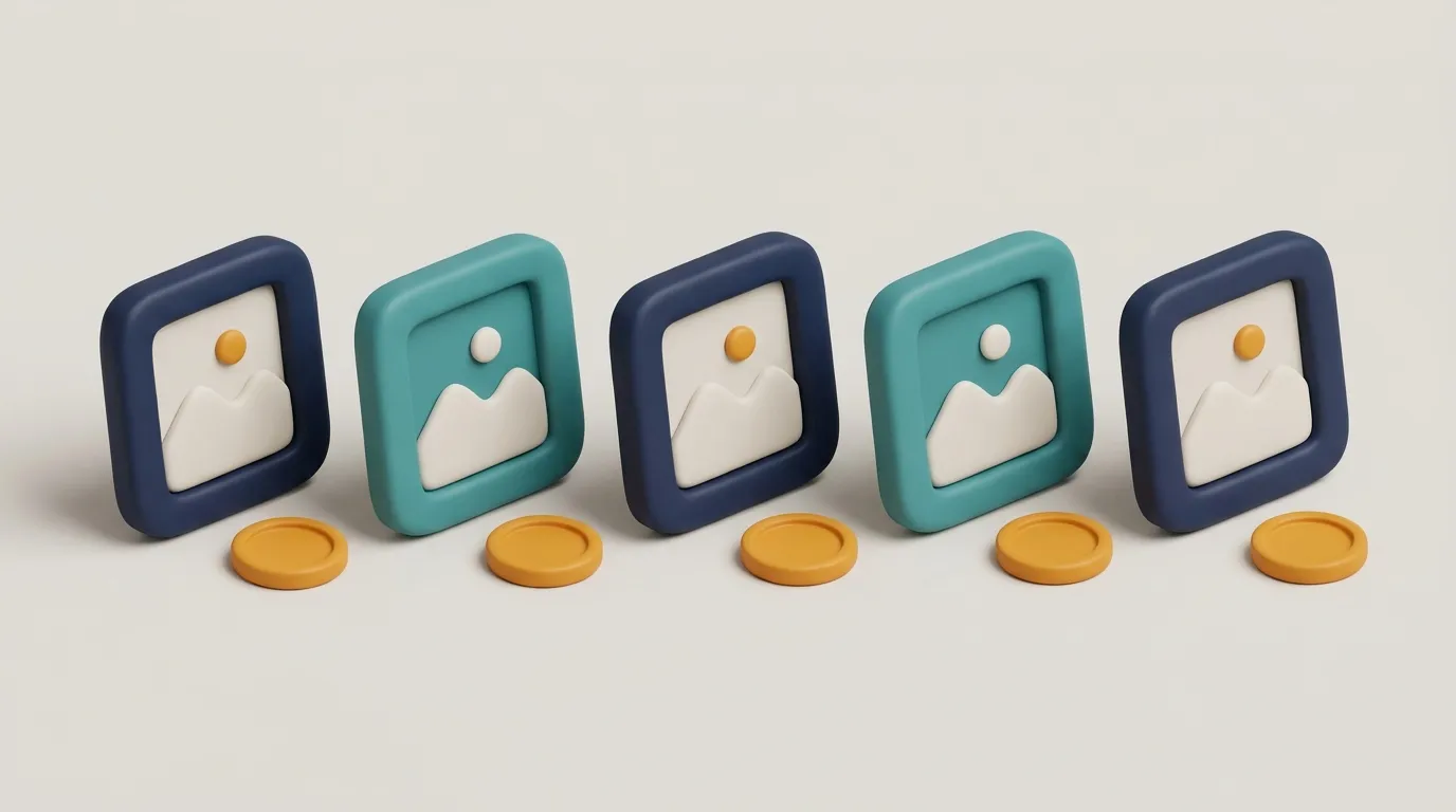3D clay illustration of a row of five picture frames with one coin in front of each