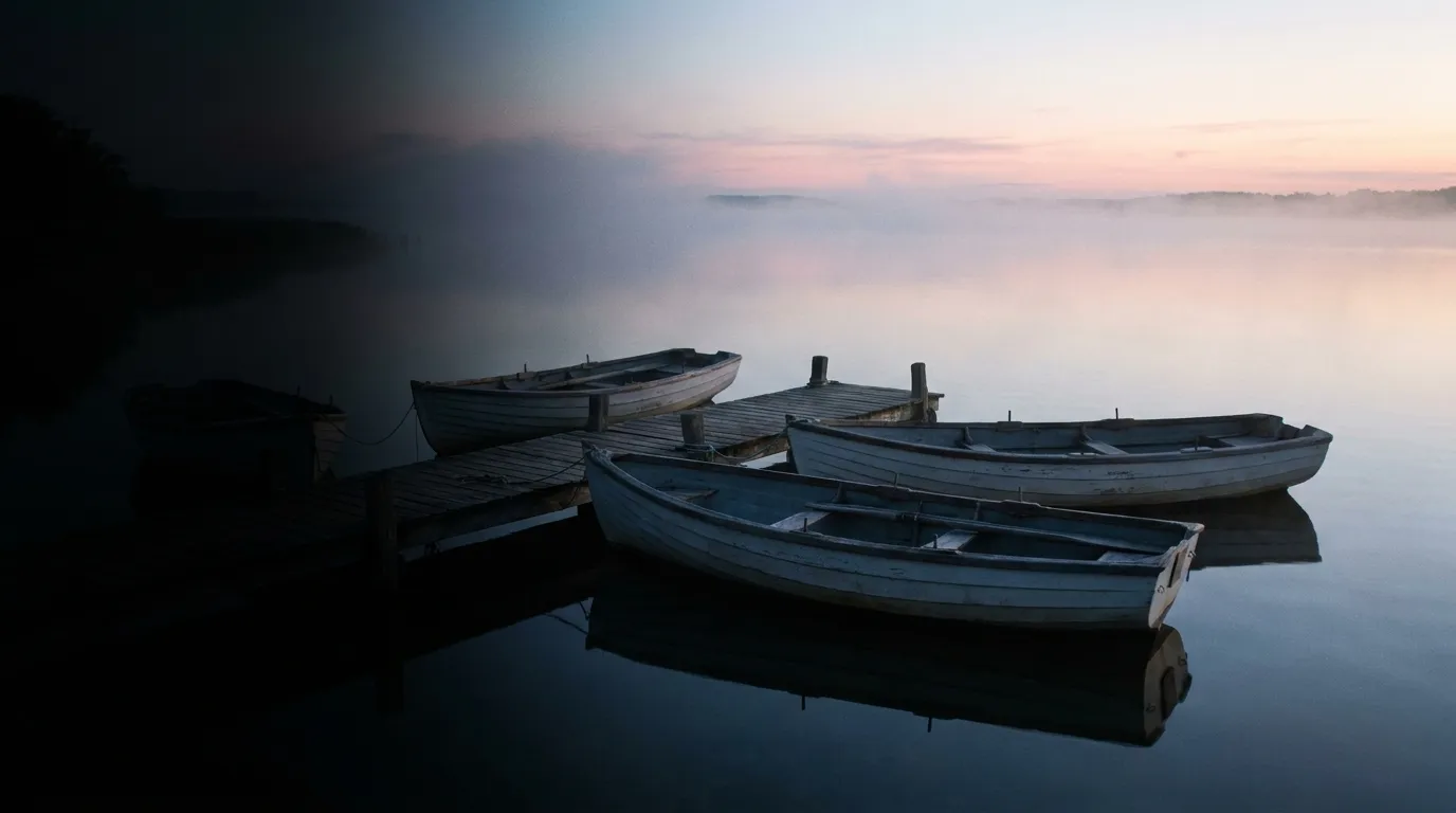 A quiet harbor at dawn with small boats at anchor and a thin mist over the water