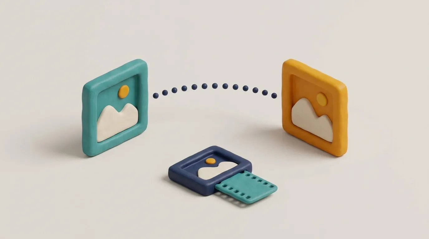 3D clay illustration of two picture frames joined by a dotted motion arc, with a small frame feeding out a film strip in front