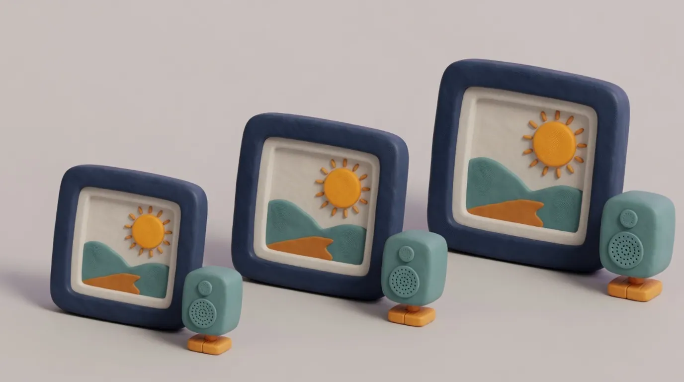 3D clay illustration of three picture frames growing larger from left to right, each with a small loudspeaker beside it