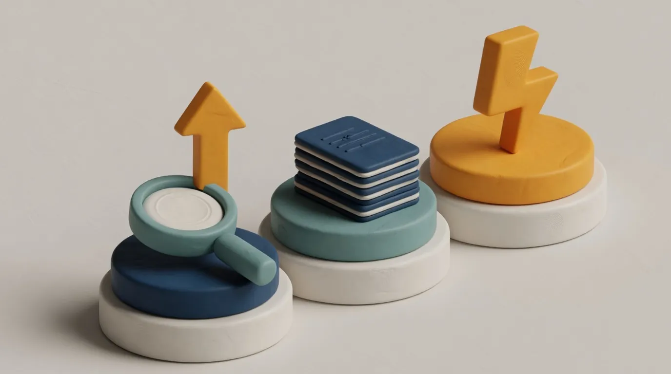 3D clay illustration of three pedestals holding a magnifying glass with an upward arrow, a stack of cards and a lightning bolt