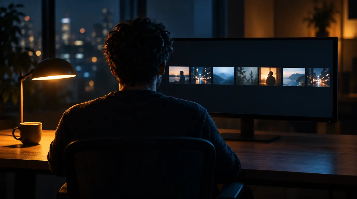 A creator seen from behind in a dim editing room, facing a monitor that shows a row of storyboard thumbnails, with a desk lamp and a coffee cup on the desk