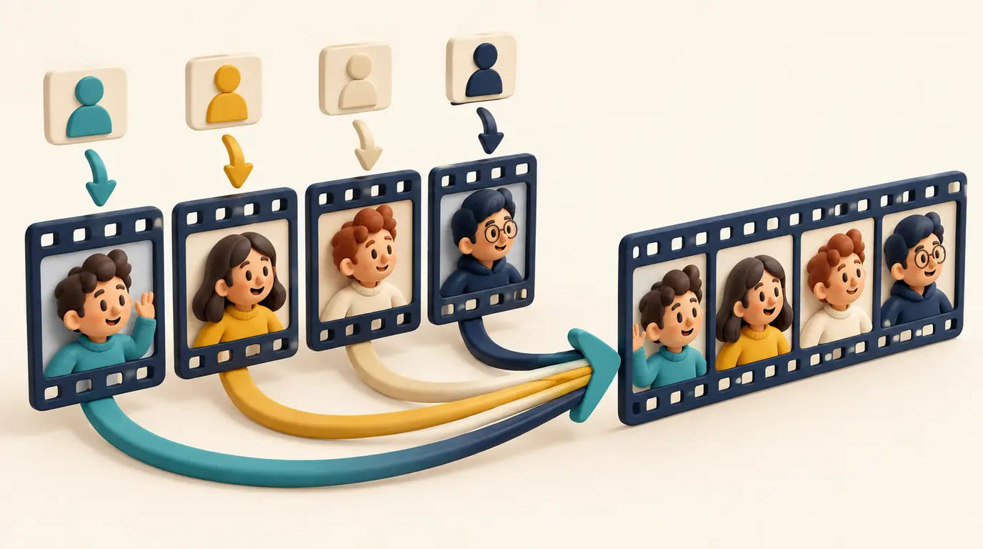 3D clay illustration of a film strip cut into four frames, each with a small card floating above it in which the figure silhouette is replaced by a different character, while arrows lead the four frames into one new film strip