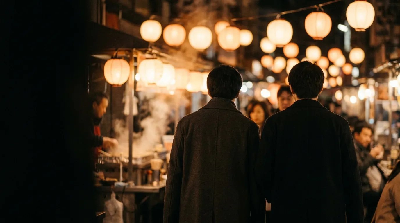 Two people seen from behind walking through a night market, lanterns and food stalls blurred around them