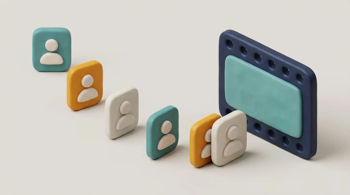 3D clay illustration of six small portrait cards lining up toward one large film frame