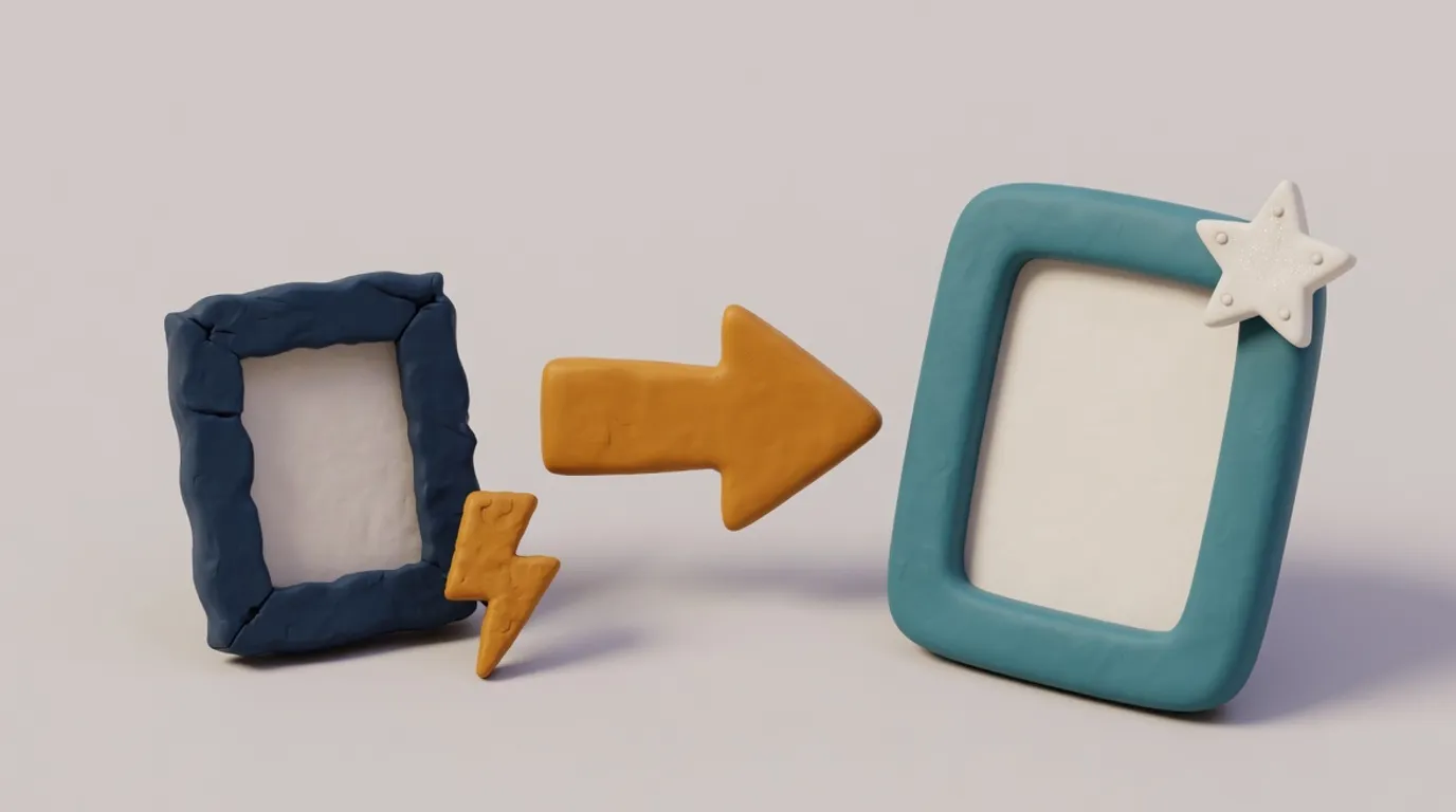 3D clay illustration of a small rough frame with a lightning bolt, an arrow, and a larger smooth frame with a star
