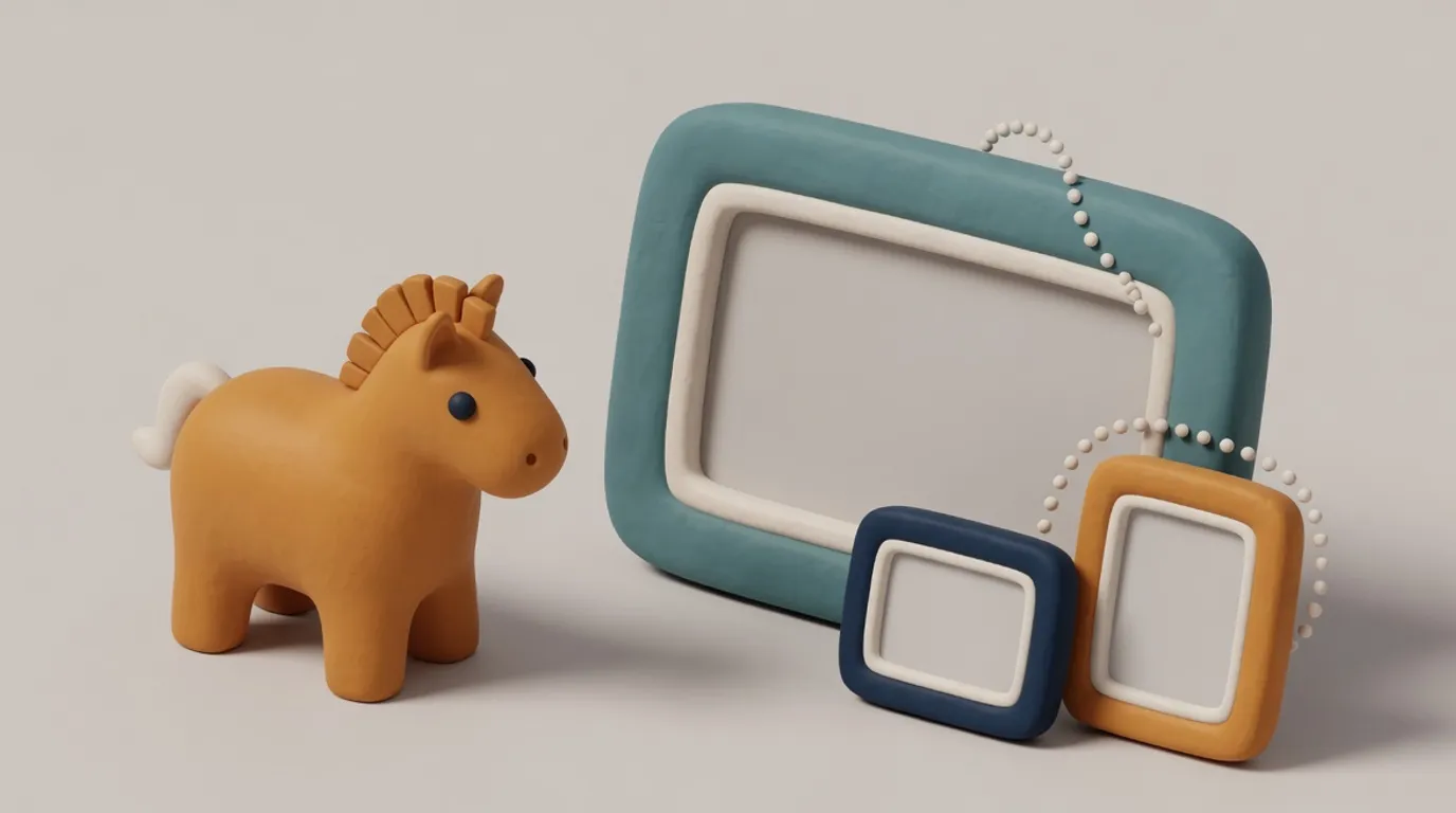 3D clay illustration of a toy horse beside a wide cinemascope frame and two small frames linked by a dotted arc