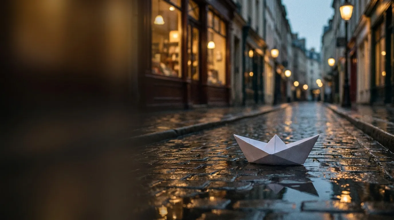 A white paper boat drifting down a rain-soaked cobblestone street at dusk, warm shop lights reflecting on the water
