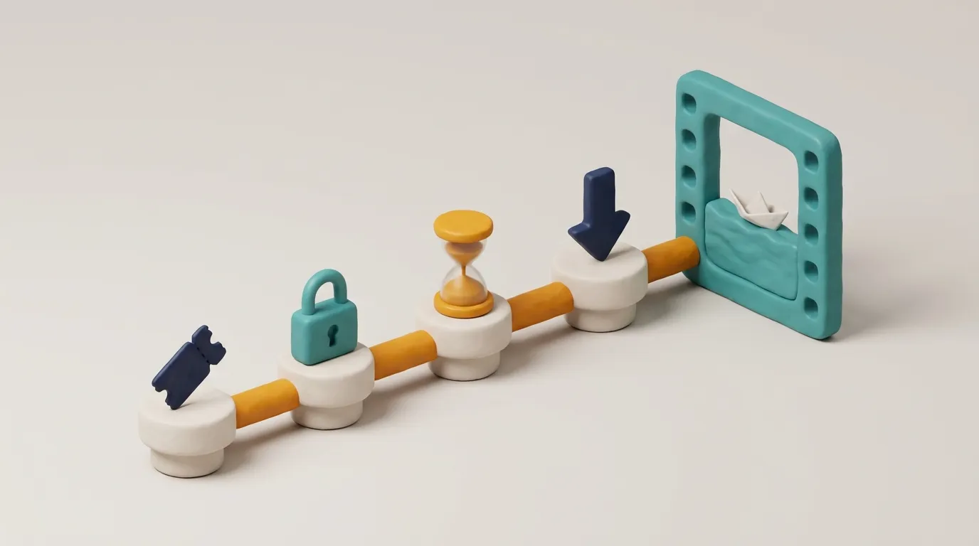 3D clay illustration of a track running through four pedestals, a ticket, a padlock, an hourglass and a download arrow, ending at a film frame