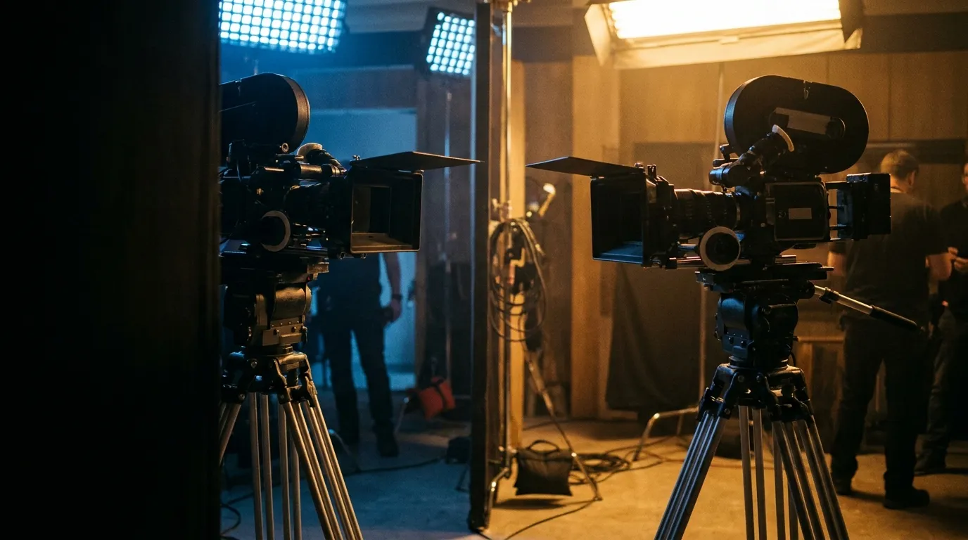 Two cinema cameras facing each other across a film set, one side lit with warm light and the other with cool light