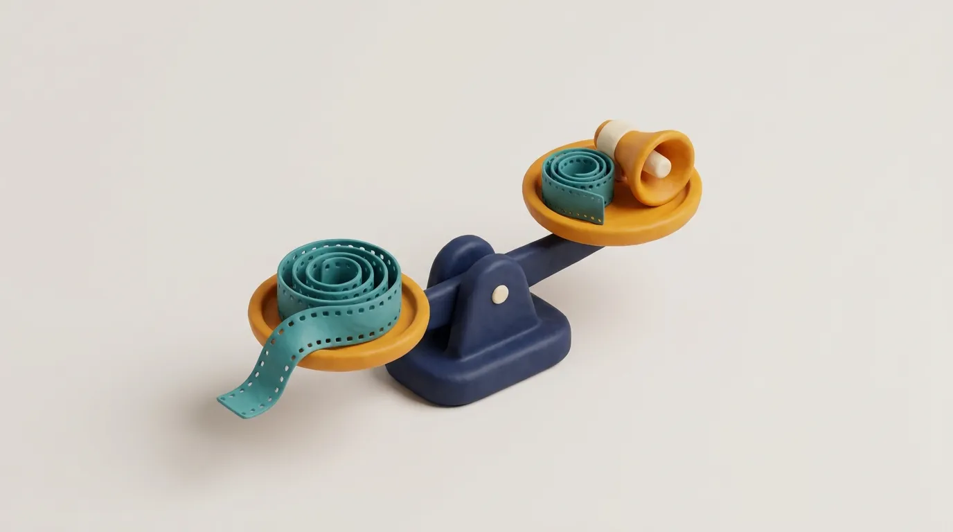 3D clay illustration of a balance with a long coiled film strip on one side and a shorter strip with a megaphone on the other