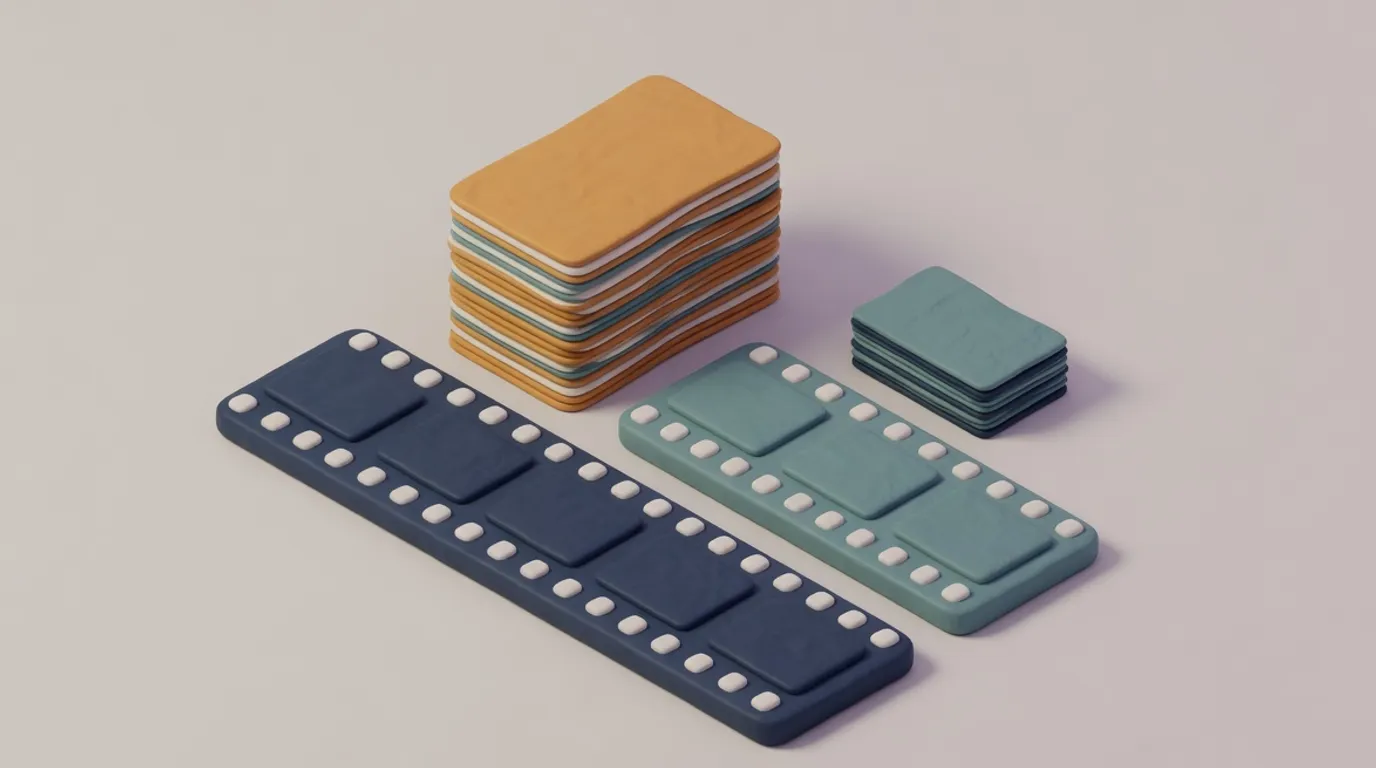 3D clay illustration of two film strips, one about twice as long as the other, with a tall stack of cards and a smaller stack behind them