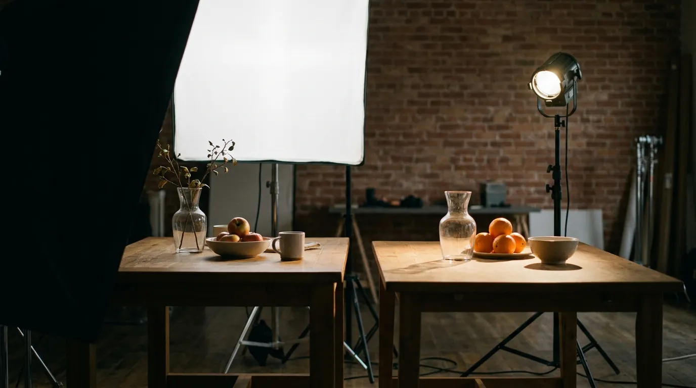 Two still-life tables in a photo studio, each lit with a different lighting setup
