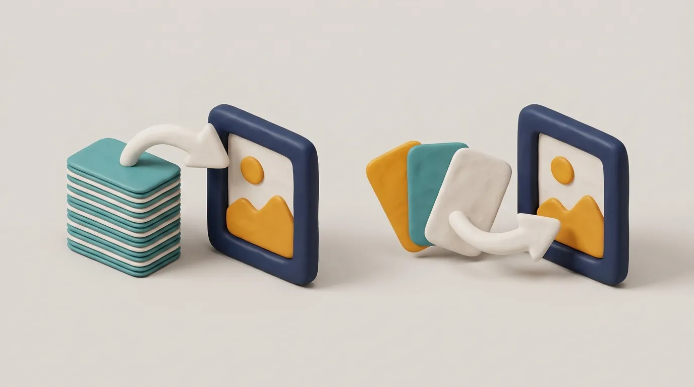 3D clay illustration of a tall stack of reference cards and a group of three cards, each flowing into its own picture frame