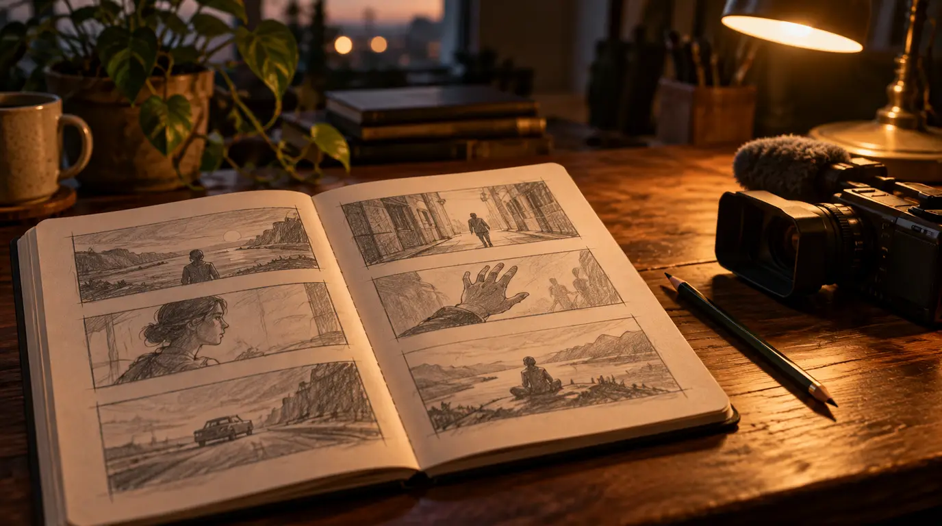 A hand-drawn storyboard notebook open on a wooden table, a few panels sketched with simple camera shots, a pencil and a small camera beside it under a warm desk lamp
