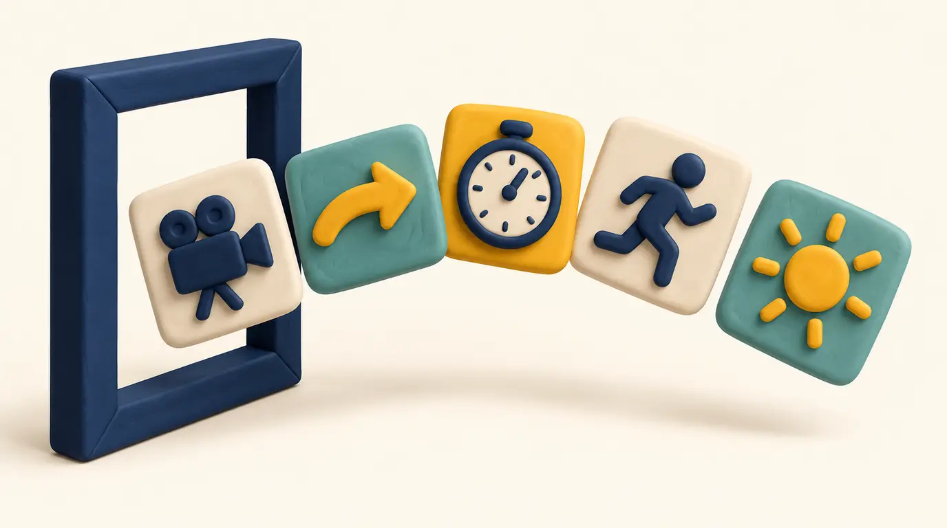 3D clay illustration of a single video frame breaking apart into five small floating cards: a film camera, a curved arrow, a timer dial, a running figure silhouette and a sun