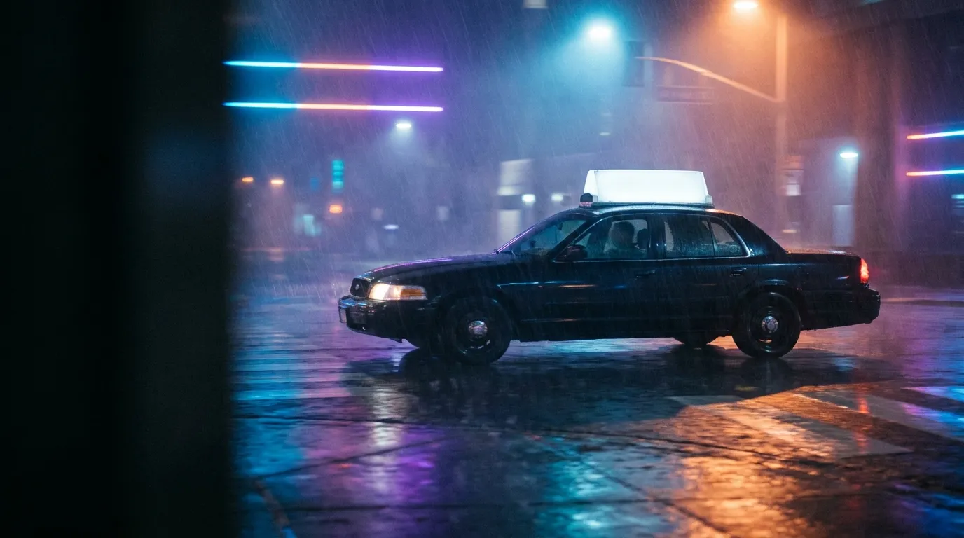 A dark car with a roof light crossing an empty intersection in light rain at night, neon signs reflected on the wet road, filmed from a low camera tracking sideways