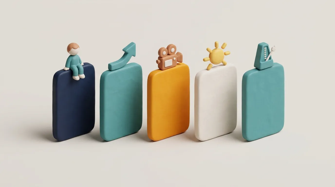 3D clay illustration of five upright cards topped with a figure, an arrow, a film camera, a sun and a metronome