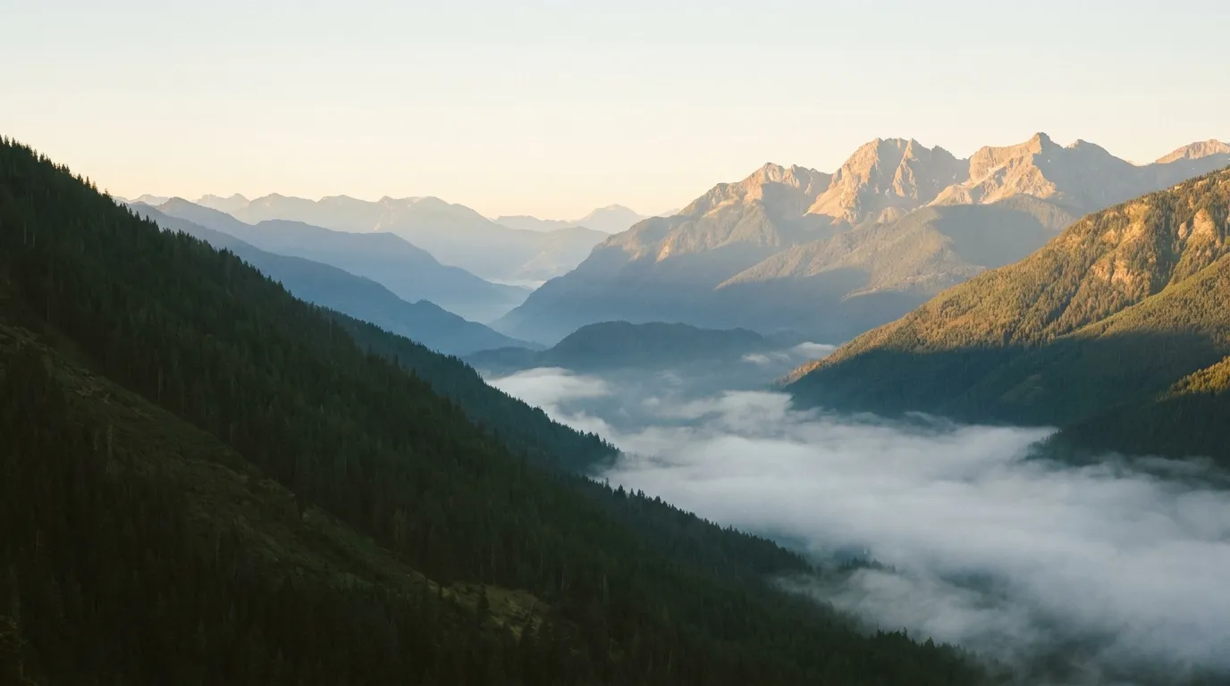 An ultra-wide panorama of a valley at sunrise, with layered mountain ridges fading into morning mist