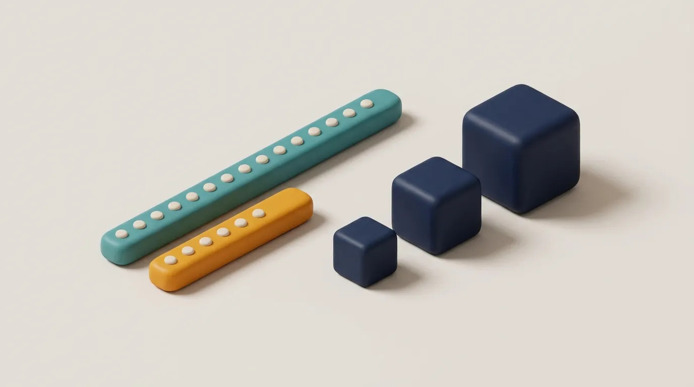 3D clay illustration of two dotted scale bars of different lengths next to three cubes that grow larger step by step