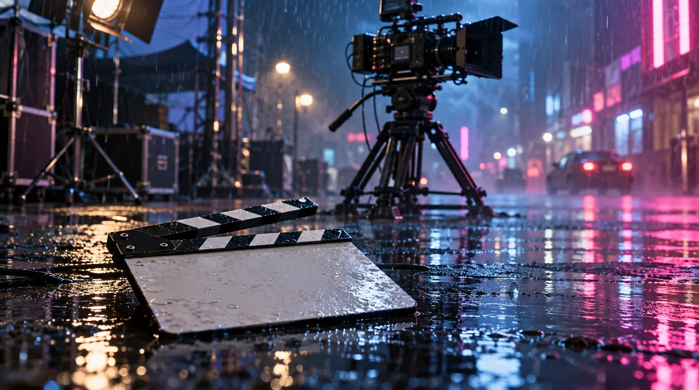 A clapperboard lying on wet ground on a rainy night film set, a camera behind it and distant neon lights blurred into soft bokeh