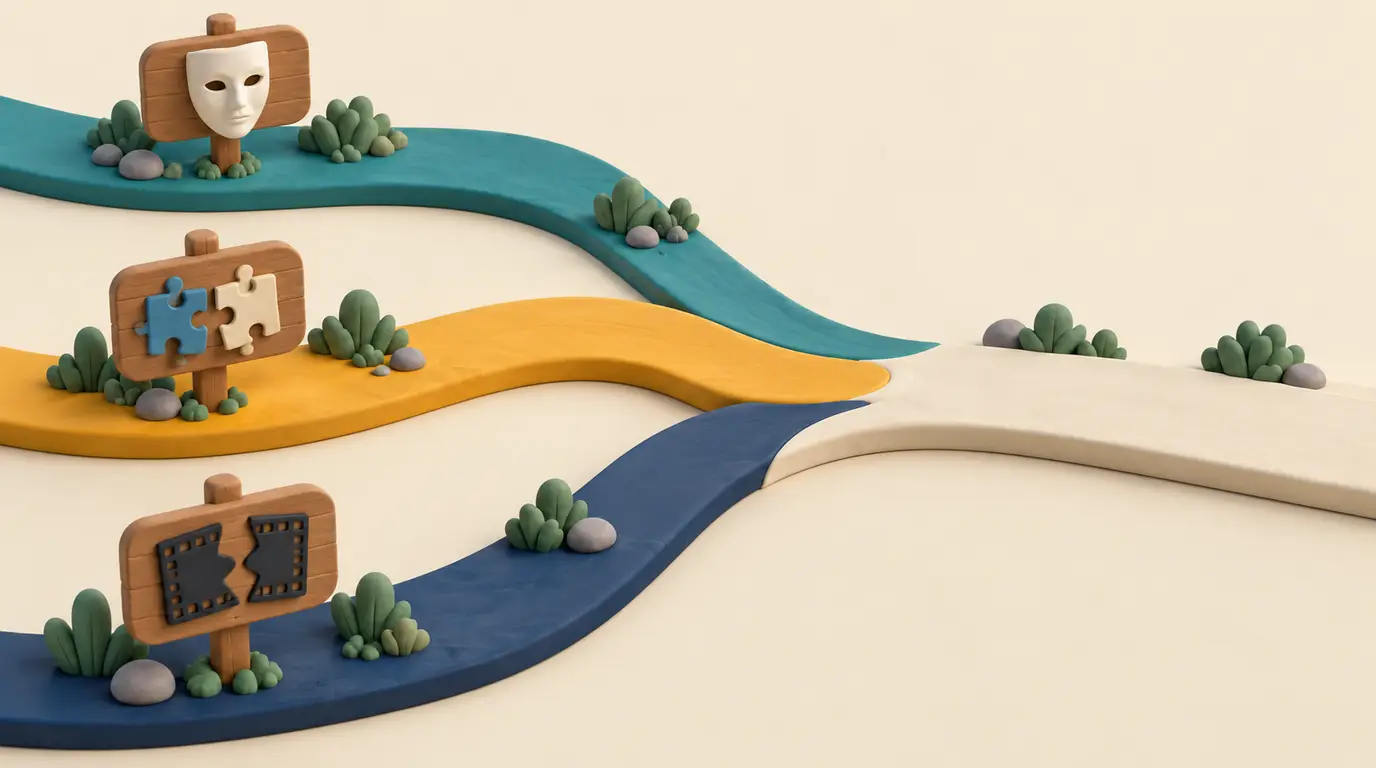3D clay illustration of three forking paths, each with a signpost icon: a blank mask, a misaligned puzzle piece and a broken strip of film, all three paths merging into one smooth road
